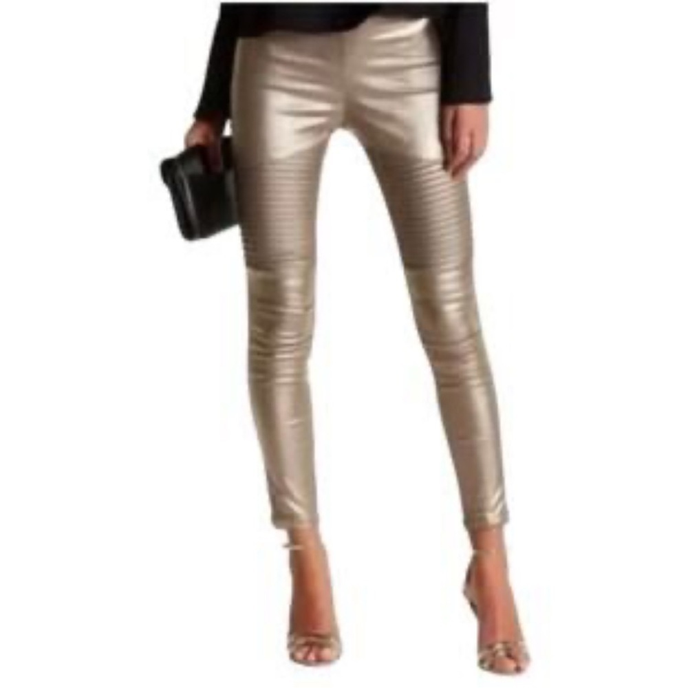 Oober‎ Swank Gold Metallic Moto Leggings Skinny Ribbed Knee Biker Pants Small